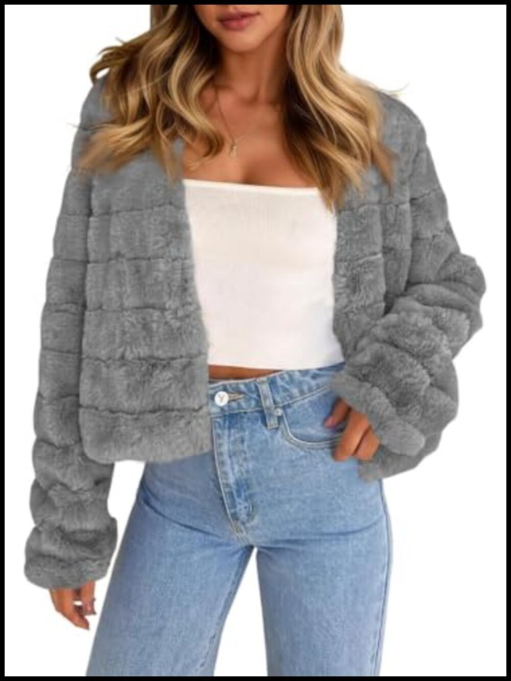 Cropped Faux Fur Jacket Long Sleeve Open Front Fluffy Short Coat